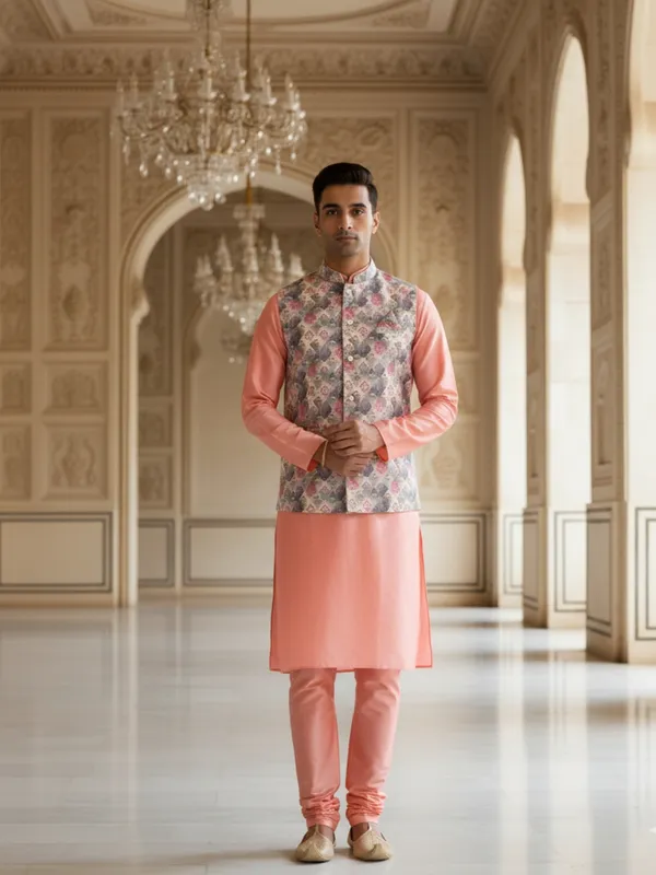 Dark_Pink_Abstract_Print_Cotton_Blend_Kurta_Pant_Pajama_With_Koti_Set_Of_3_For_Men's