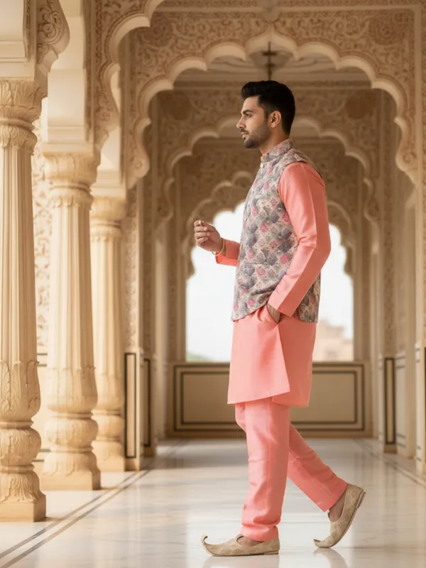 Dark_Pink_Abstract_Print_Cotton_Blend_Kurta_Pant_Pajama_With_Koti_Set_Of_3_For_Men's