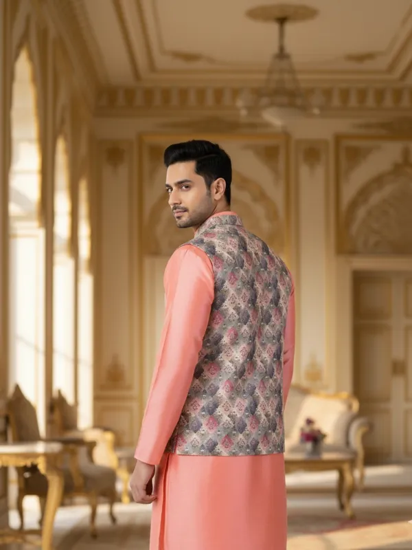 Dark_Pink_Abstract_Print_Cotton_Blend_Kurta_Pant_Pajama_With_Koti_Set_Of_3_For_Men's