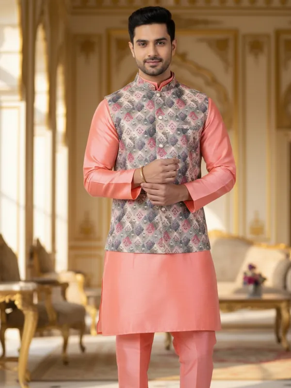 Dark_Pink_Abstract_Print_Cotton_Blend_Kurta_Pant_Pajama_With_Koti_Set_Of_3_For_Men's