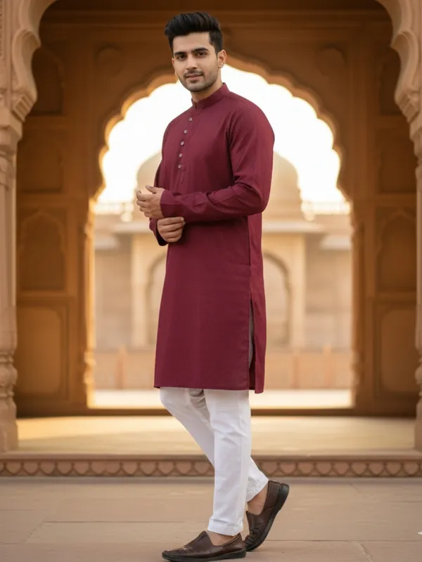 Men_Solid_Cotton_Kurta_Maroon