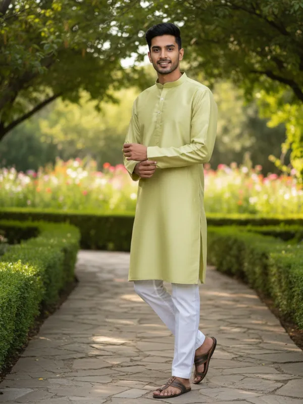 Light_Mehndi_Solid_Cotton_Kurta_and_Pant_Pajama_Set_For_Men's_