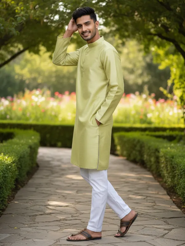 Light_Mehndi_Solid_Cotton_Kurta_and_Pant_Pajama_Set_For_Men's_