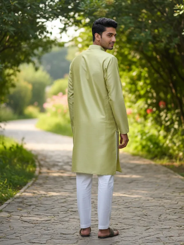 Light_Mehndi_Solid_Cotton_Kurta_and_Pant_Pajama_Set_For_Men's_