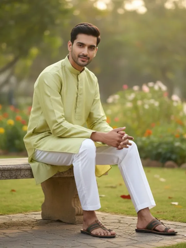 Light_Mehndi_Solid_Cotton_Kurta_and_Pant_Pajama_Set_For_Men's_