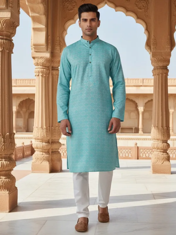 Men_Abstract_Print_Cotton_Blend_Kurta_With_Sky_Blue