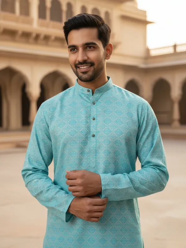 Men_Abstract_Print_Cotton_Blend_Kurta_With_Sky_Blue