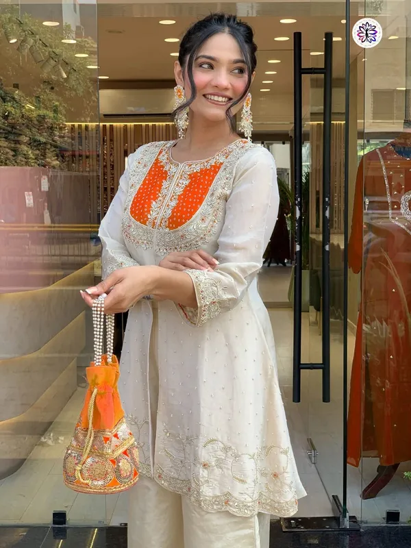 Ivory_&_Orange_Embroidered_Straight_Kurta_Set_For_Women