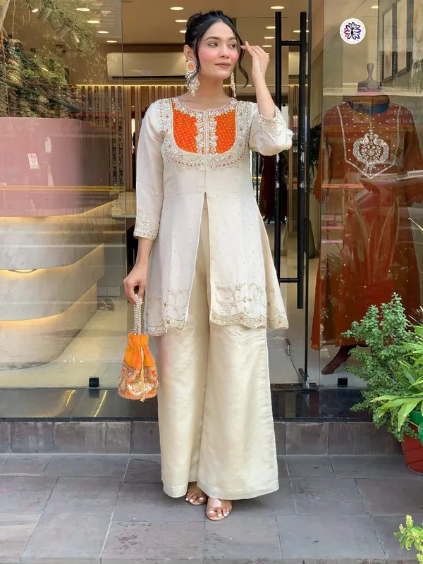 Ivory_&_Orange_Embroidered_Straight_Kurta_Set_For_Women