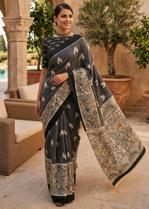 Ikat_with_Kalamkari_Printed_Saree