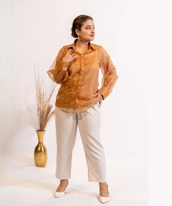 Rust_Brown_Organza_Shirt_With_Pearl_&_Katrina_Embellishment_For_Women