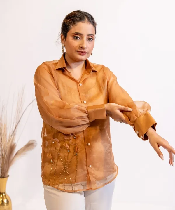 Rust_Brown_Organza_Shirt_With_Pearl_&_Katrina_Embellishment_For_Women