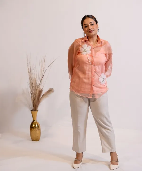 Peach_Organza_Shirt_With_Hand_Embellished_3D_Floral_Motifs_For_Women