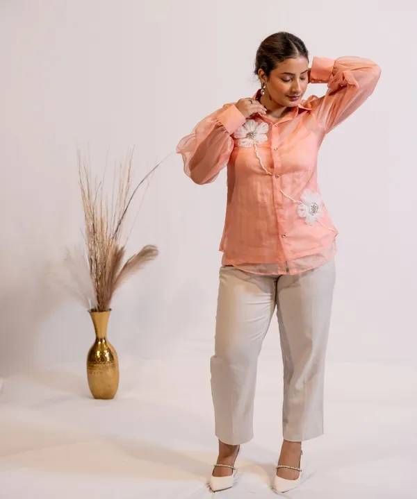 Peach_Organza_Shirt_With_Hand_Embellished_3D_Floral_Motifs_For_Women