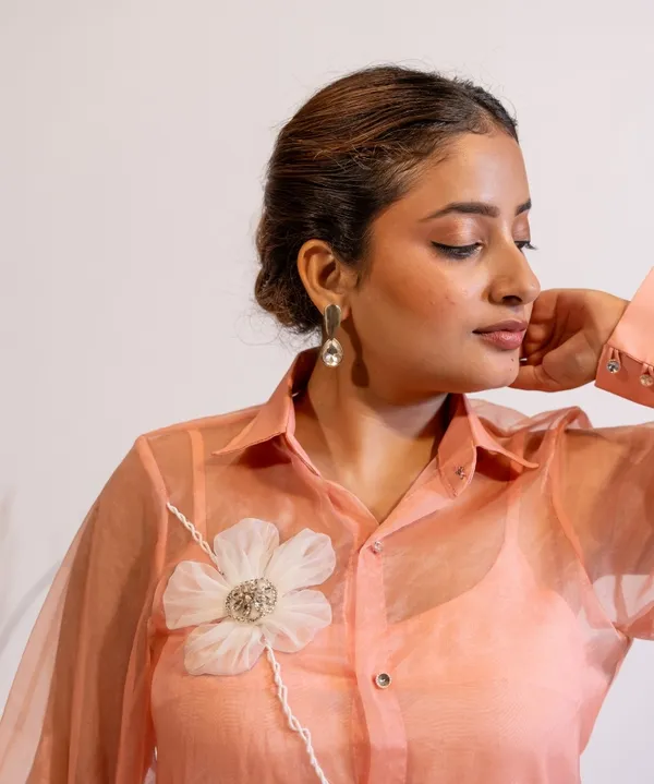 Peach_Organza_Shirt_With_Hand_Embellished_3D_Floral_Motifs_For_Women