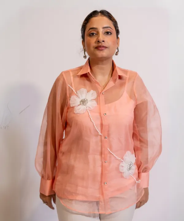 Peach_Organza_Shirt_With_Hand_Embellished_3D_Floral_Motifs_For_Women