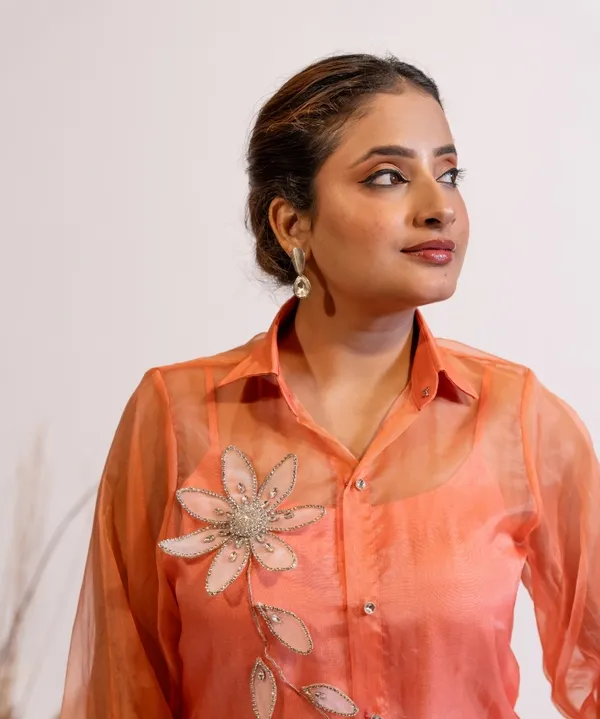 Peach_Coral_Organza_Shirt_With_Hand_Embellished_3D_Floral_Motifs_For_Women