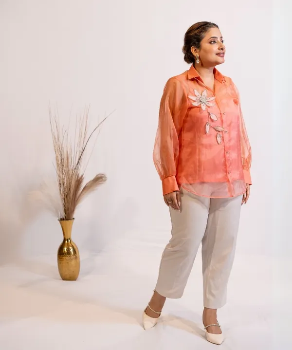 Peach_Coral_Organza_Shirt_With_Hand_Embellished_3D_Floral_Motifs_For_Women