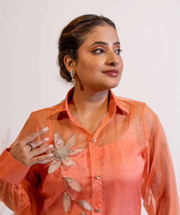 Peach_Coral_Organza_Shirt_With_Hand_Embellished_3D_Floral_Motifs_For_Women