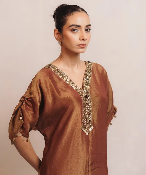 Bronze_Gold_Embellished_Tissue_Kaftan_Dress_For_Women