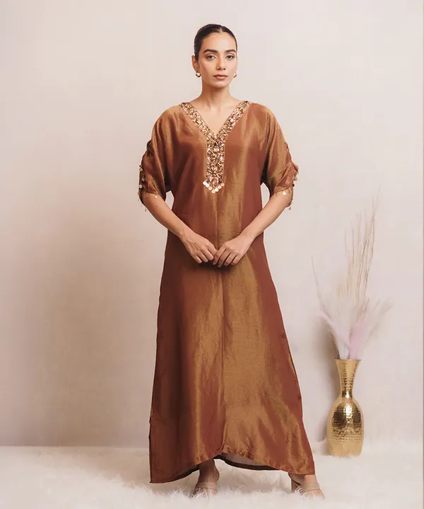 Bronze_Gold_Embellished_Tissue_Kaftan_Dress_For_Women