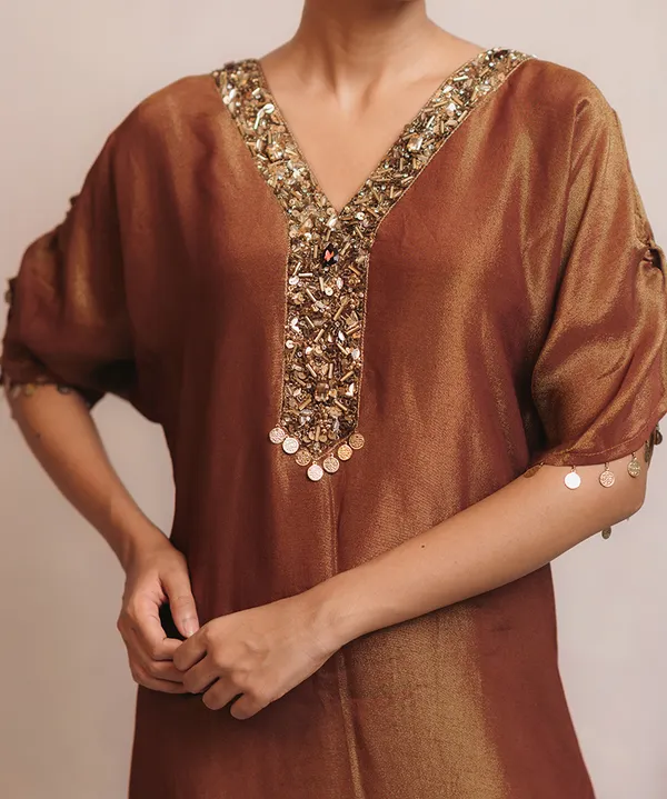 Bronze_Gold_Embellished_Tissue_Kaftan_Dress_For_Women
