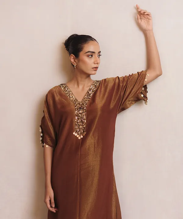 Bronze_Gold_Embellished_Tissue_Kaftan_Dress_For_Women