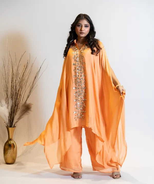 Apricot_Orange_Embroidered_Co-Ord_Set_With_Flared_Top_For_Women