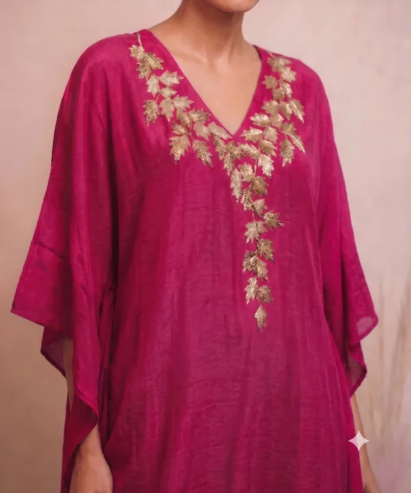 Magenta_Gold-Embroidered_V-Neck_Kaftan_Top