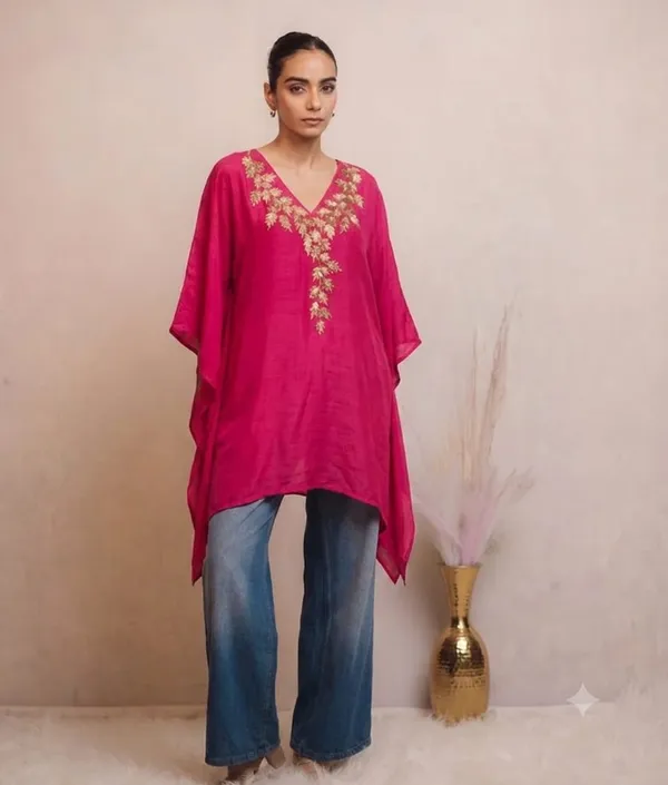 Magenta_Gold-Embroidered_V-Neck_Kaftan_Top
