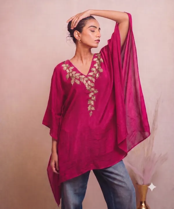Magenta_Gold-Embroidered_V-Neck_Kaftan_Top