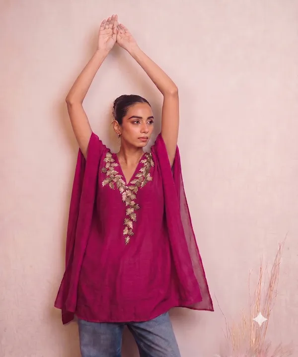 Magenta_Gold-Embroidered_V-Neck_Kaftan_Top
