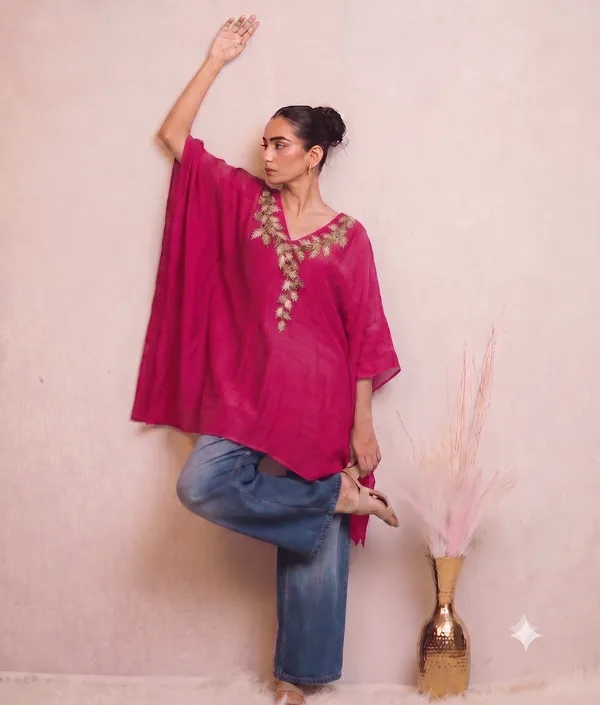 Magenta_Gold-Embroidered_V-Neck_Kaftan_Top