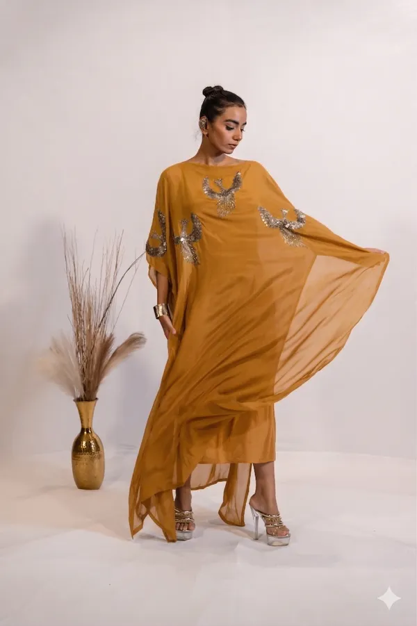 Ochre_Sequin_Bird_Motif_Embellished_Kaftan_For_Women