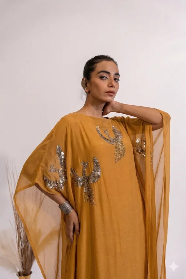 Ochre_Sequin_Bird_Motif_Embellished_Kaftan_For_Women