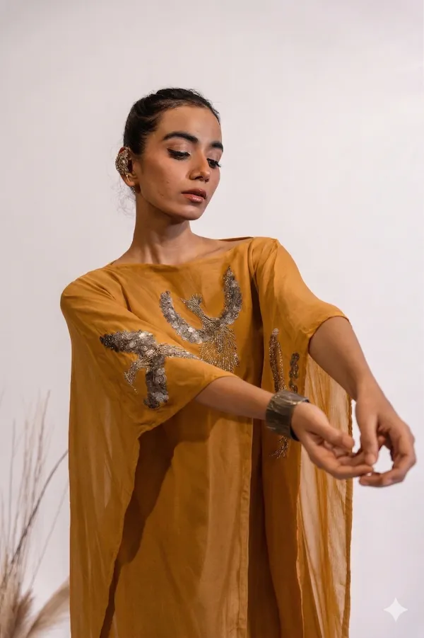 Ochre_Sequin_Bird_Motif_Embellished_Kaftan_For_Women
