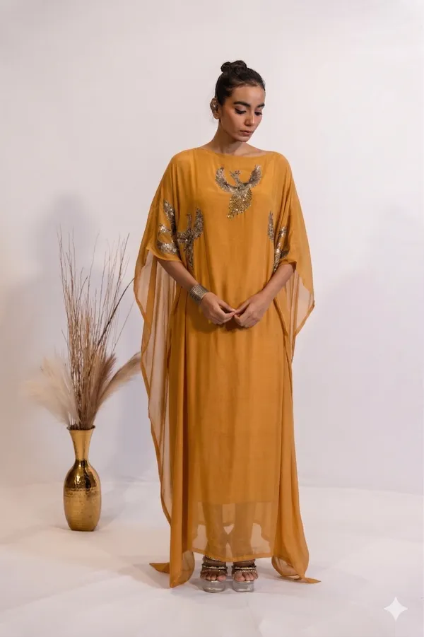 Ochre_Sequin_Bird_Motif_Embellished_Kaftan_For_Women