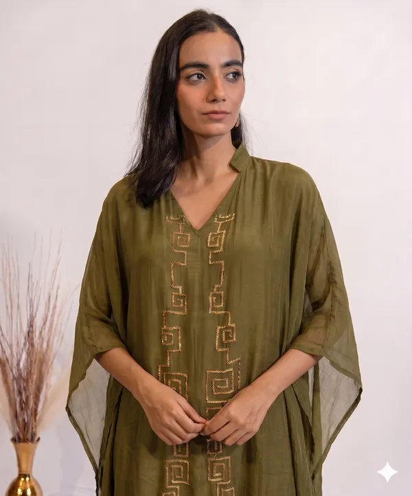 Olive_Green_Geometric_Embroidered_Kaftan_Dress_For_Women