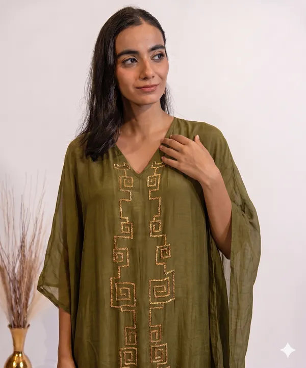 Olive_Green_Geometric_Embroidered_Kaftan_Dress_For_Women