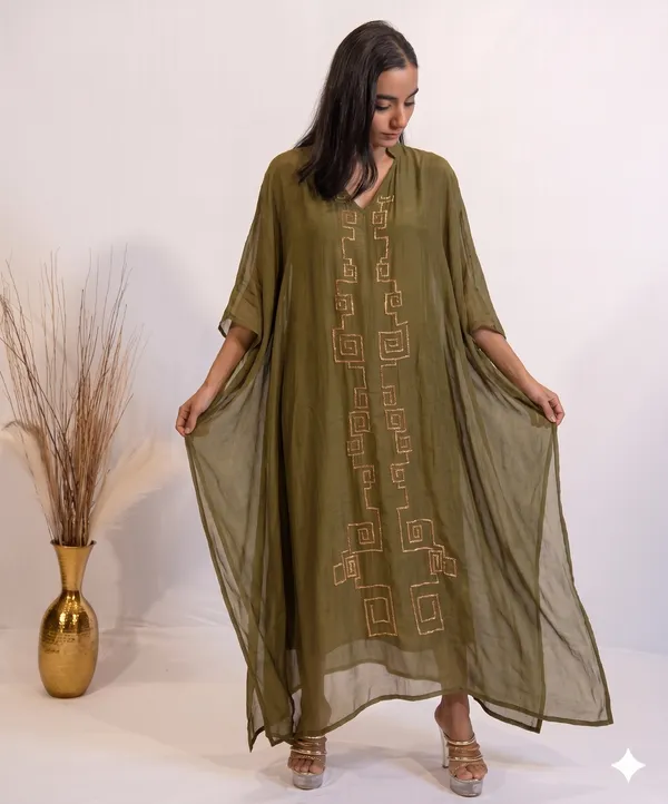 Olive_Green_Geometric_Embroidered_Kaftan_Dress_For_Women