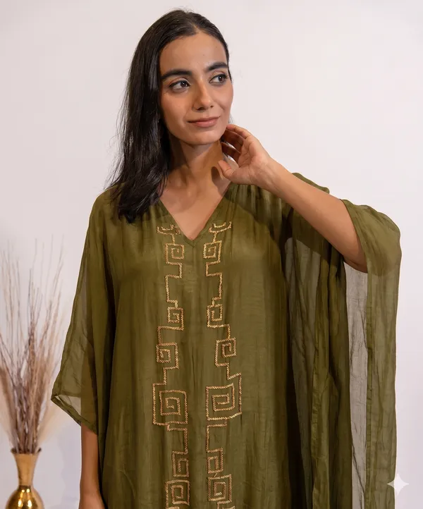Olive_Green_Geometric_Embroidered_Kaftan_Dress_For_Women