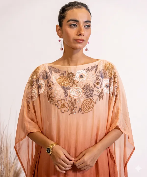Rust_Gradient_Sequin-Embroidered_Sheer_Kaftan_Dress_For_Women