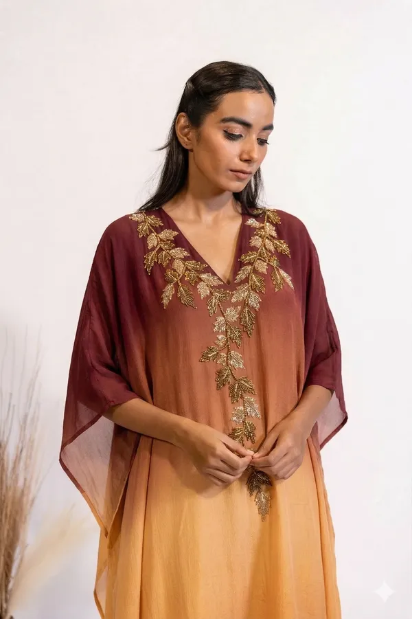 Sunset_Ombre_Embellished_Kaftan_Co-ord_Set_with_Metallic_Leaf_Embroidery