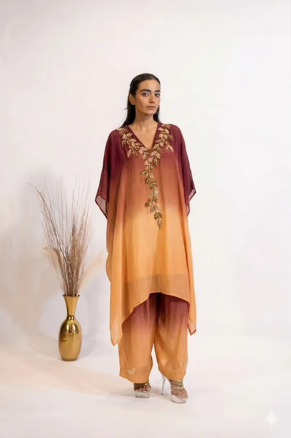 Sunset_Ombre_Embellished_Kaftan_Co-ord_Set_with_Metallic_Leaf_Embroidery