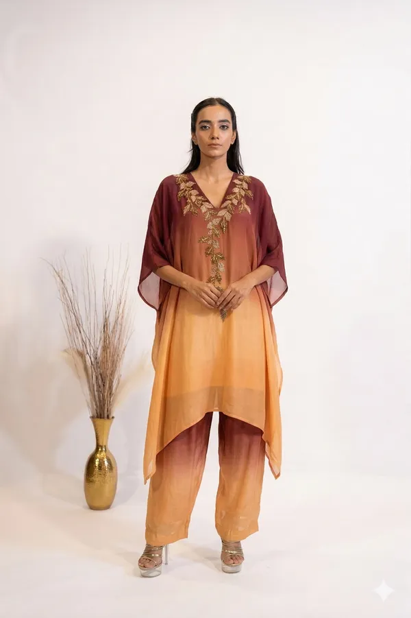 Sunset_Ombre_Embellished_Kaftan_Co-ord_Set_with_Metallic_Leaf_Embroidery