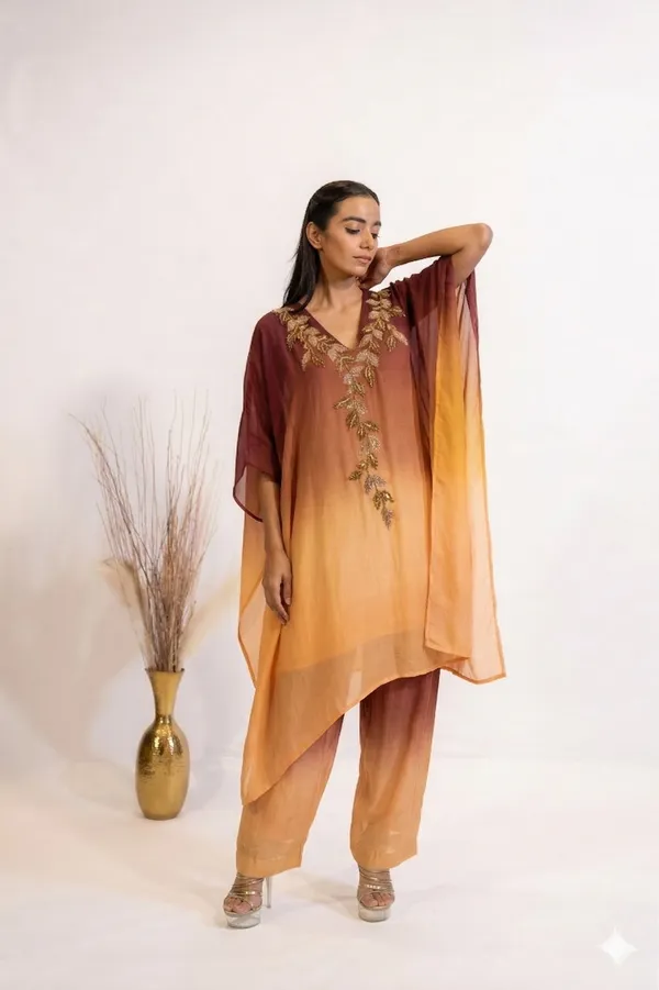 Sunset_Ombre_Embellished_Kaftan_Co-ord_Set_with_Metallic_Leaf_Embroidery