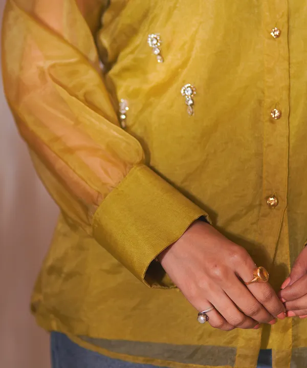Olive_Glow_Organza_Hand-Embellished_Shirt