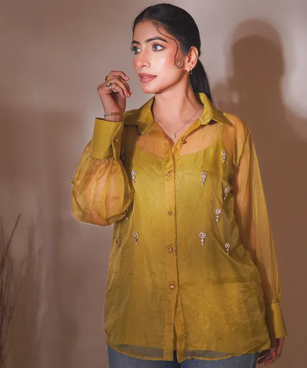 Olive_Glow_Organza_Hand-Embellished_Shirt