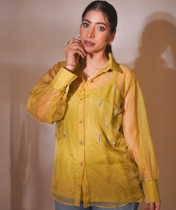 Olive_Glow_Organza_Hand-Embellished_Shirt
