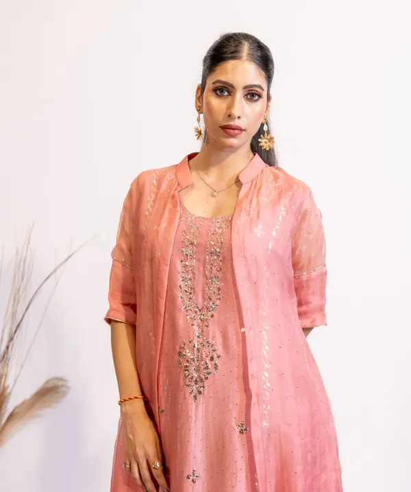 Blush_Pink_Chanderi_Kurta_With_Organza_Shrug_For_Women